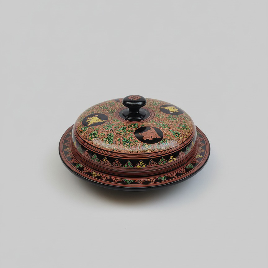 Handcrafted Lacquered Wooden Box with Elephant Motifs
