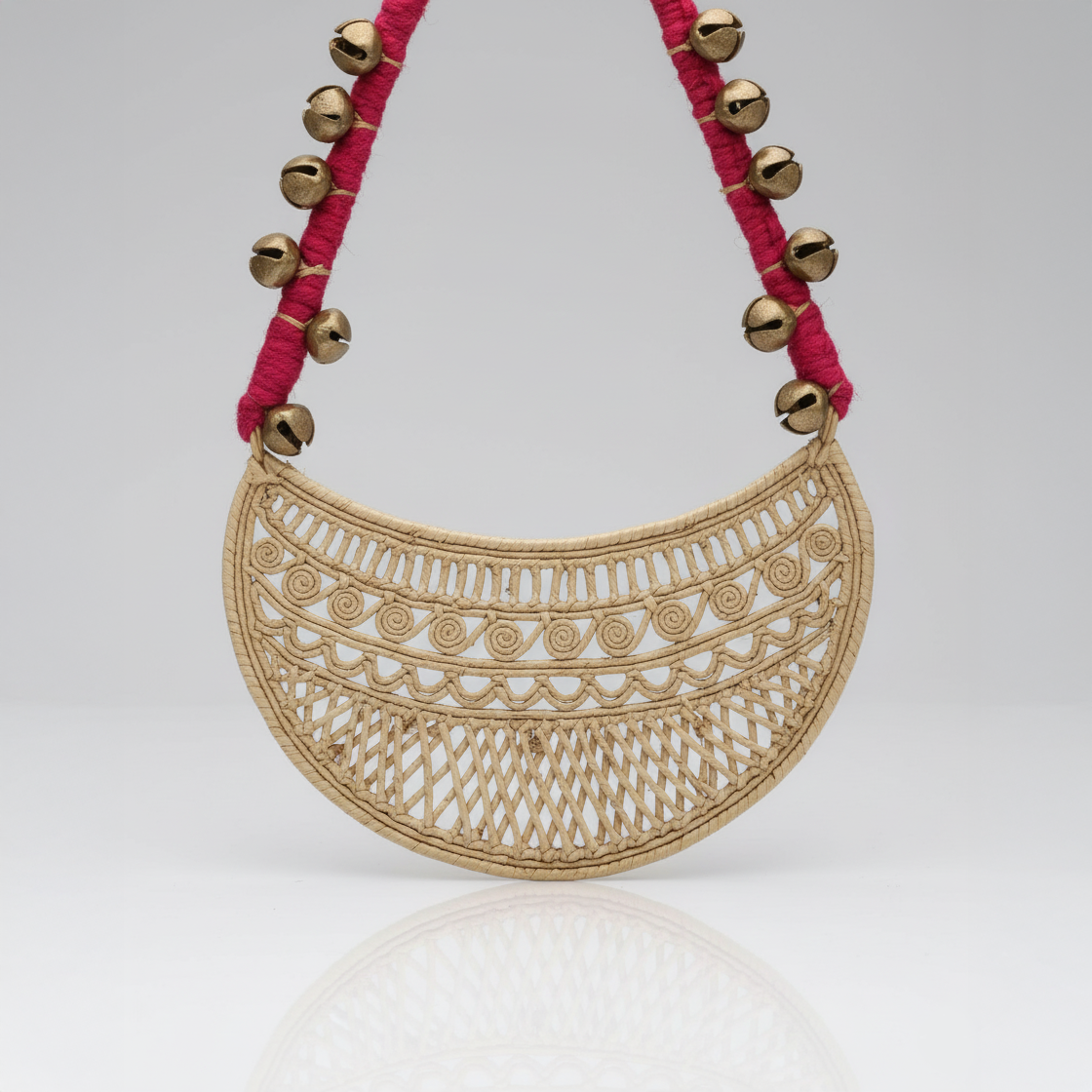 Crescent Woven Pendant Necklace with Brass Bells
