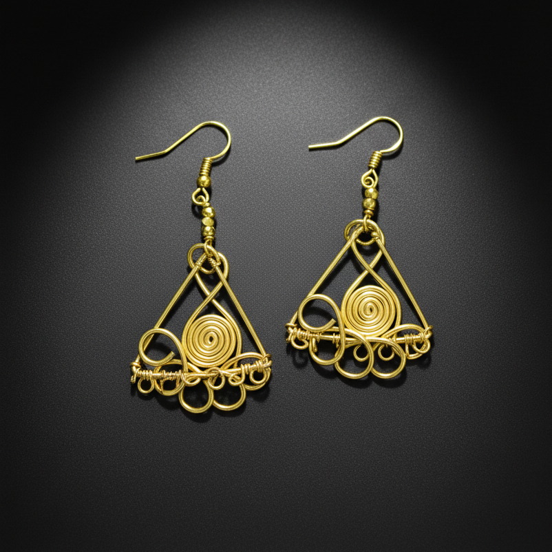 Dhokra Spiral Triangle Earrings – Antique Gold