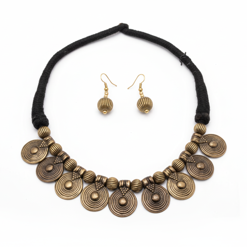 Dhokra Disc Necklace Set on Black Cord