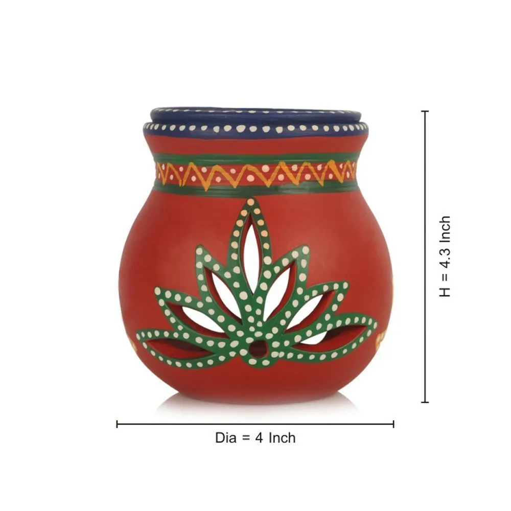 Handcrafted Terracotta Pot with Intricate Cutwork and Traditional Motifs