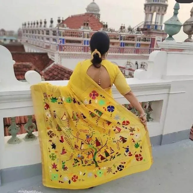 Handcrafted Chamba Embroidered Yellow Saree