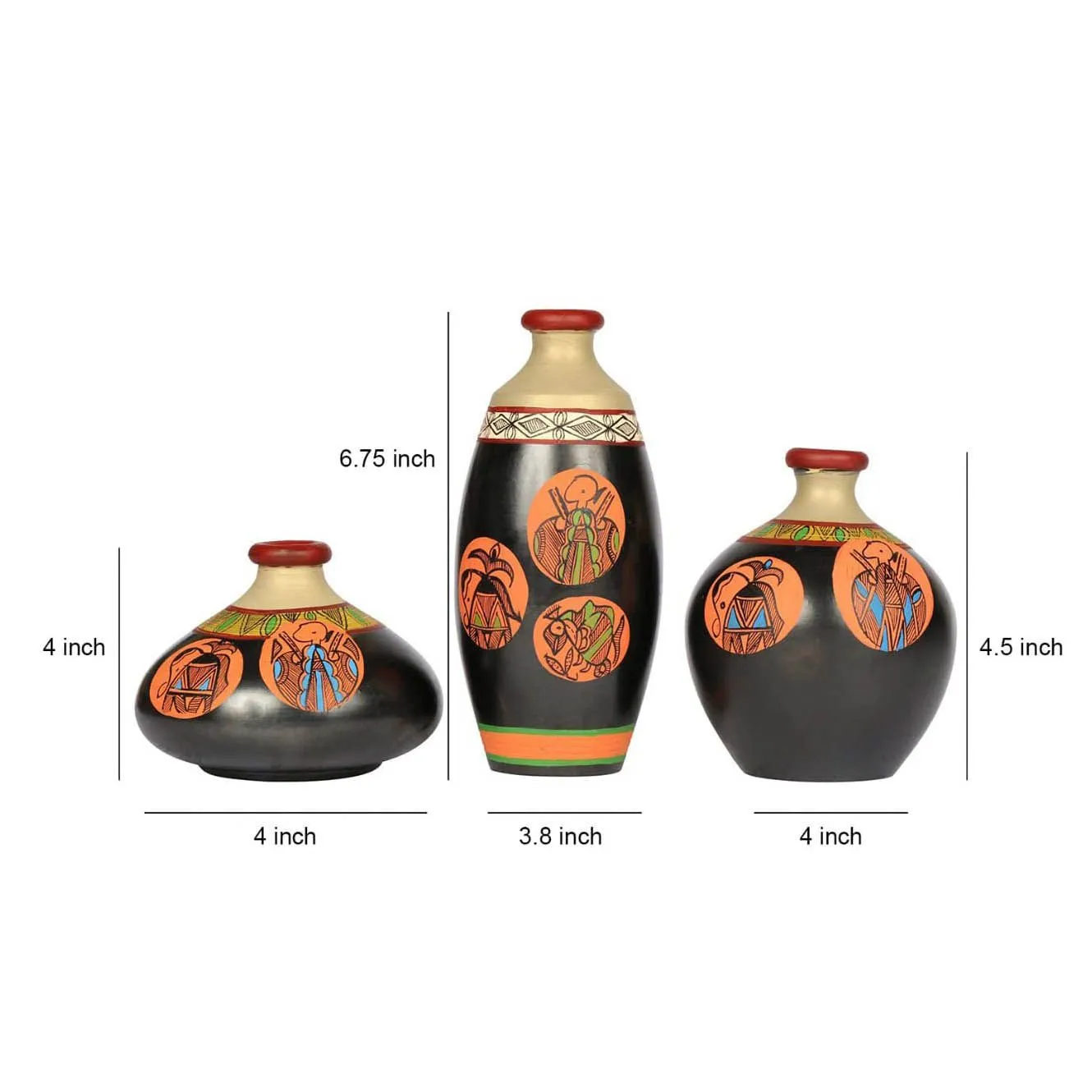 Handcrafted Tribal Painted Terracotta Bottle Vases